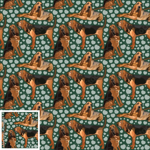 Pattern design with Bernese Mountain dogs, funny doodles, and seamless pattern. Green wallpaper, wrapping paper, background graphic design with hearts on green background. Valentine's Day