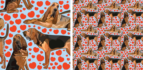 Pattern design with several Bloodhound dogs, funny doodles, and seamless pattern. Wallpaper, wrapping paper, background graphic design with hearts on blue background. St. Valentine Bloodhound dogs.