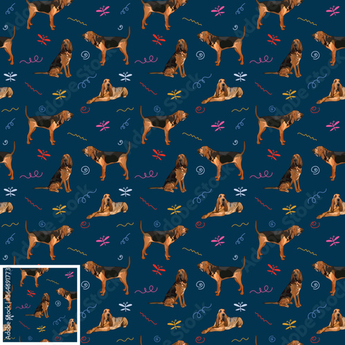 Trendy hand-drawn Bloodhound breed. Seamless dog pattern, holiday texture.Navy dark background, colorful abstract elements. Packaging, textile, textile, fabric, decoration, wrapping paper.