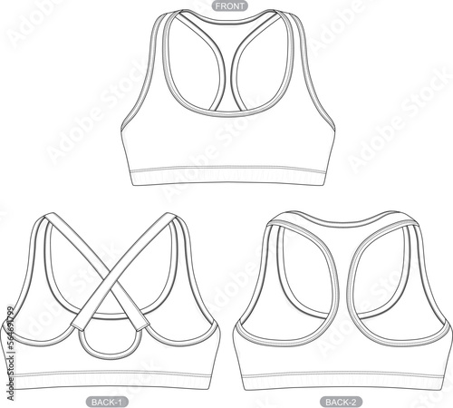 Sports YogaBra fashion flat sketch template. Women Active wear Crop tank top Technical Mockup Fashion Illustration