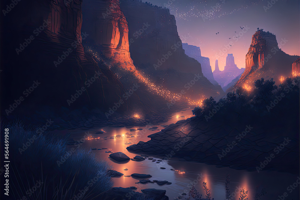 River of lights flowing under a rock formation River of lights flowing under a rock formation