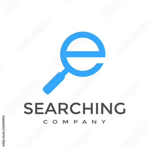 E Letter or font with magnifying glass vector logo template. This alphabet can be used for searching, discovery business.