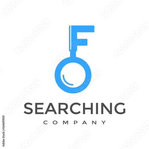 F Letter or font with magnifying glass vector logo template. This alphabet can be used for searching, discovery business.