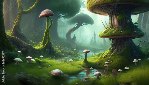 Magic mushroom in beautiful, mystical mistry forest, fairy tale dreamy illustration, fairy scene photo