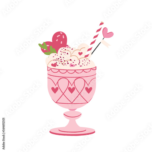 Pink Cup of latte coffee with whipped cream and small hearts decoration isolated on white background. Valentines Day element romantic illustration