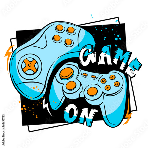 Illustration print for t-shirt with colorful  joystick game and graffiti words. Background for boys.