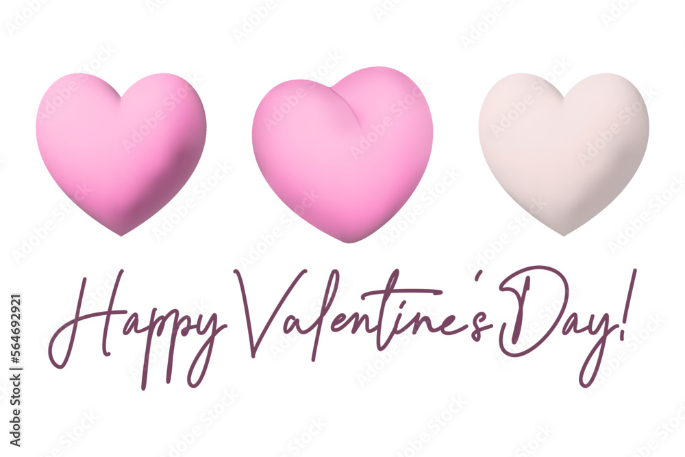 Isolated vector objects: 3d pink and white hearts on white background and lettering Happy Valentine’s Day. Three dimensional images is perfect for cards, stationery, flyers, prints and posters
