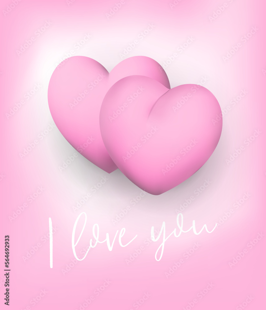 3d vector love illustration with pink hearts, white lettering I Love You and pink gradient. Festive background is perfect for greeting cards, gift decoration, prints and posters