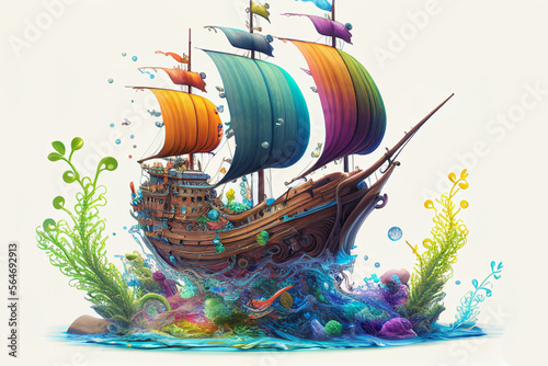 Imaginative, colorful illustration of cute fantasy pirate ship, generative ai, digital art, isolated on white background