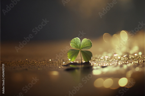 Four-leaf green clover for good luck on St. Patrick's day, nature background, four-leaf clover plant symbol of Ireland leprechaun, fairy fantasy. Generative AI