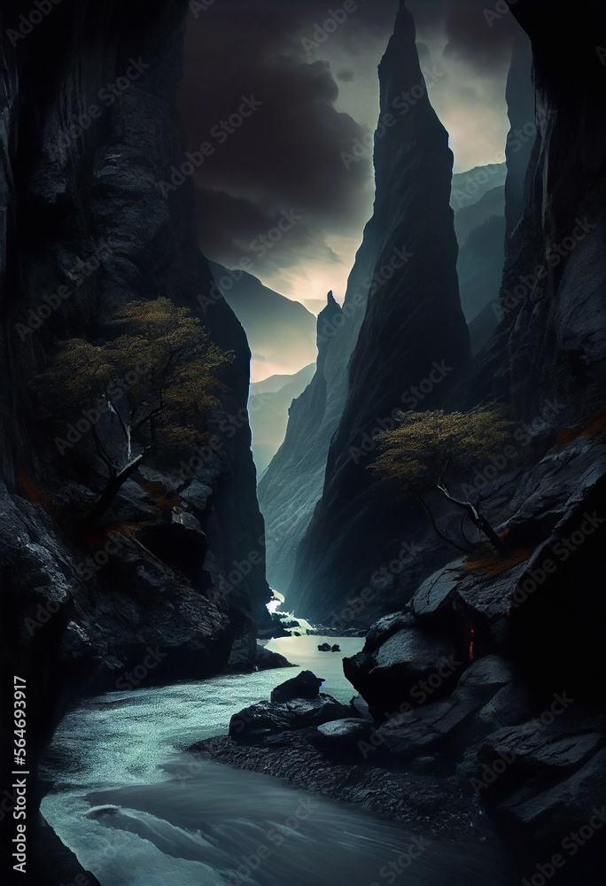 Dark deep narrow canyon steep mountains of black rocks, dead