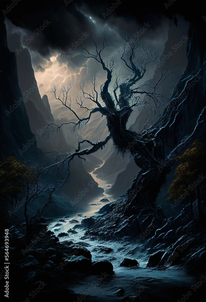 Dark deep narrow gorge canyon steep mountains of black rocks, dead ...