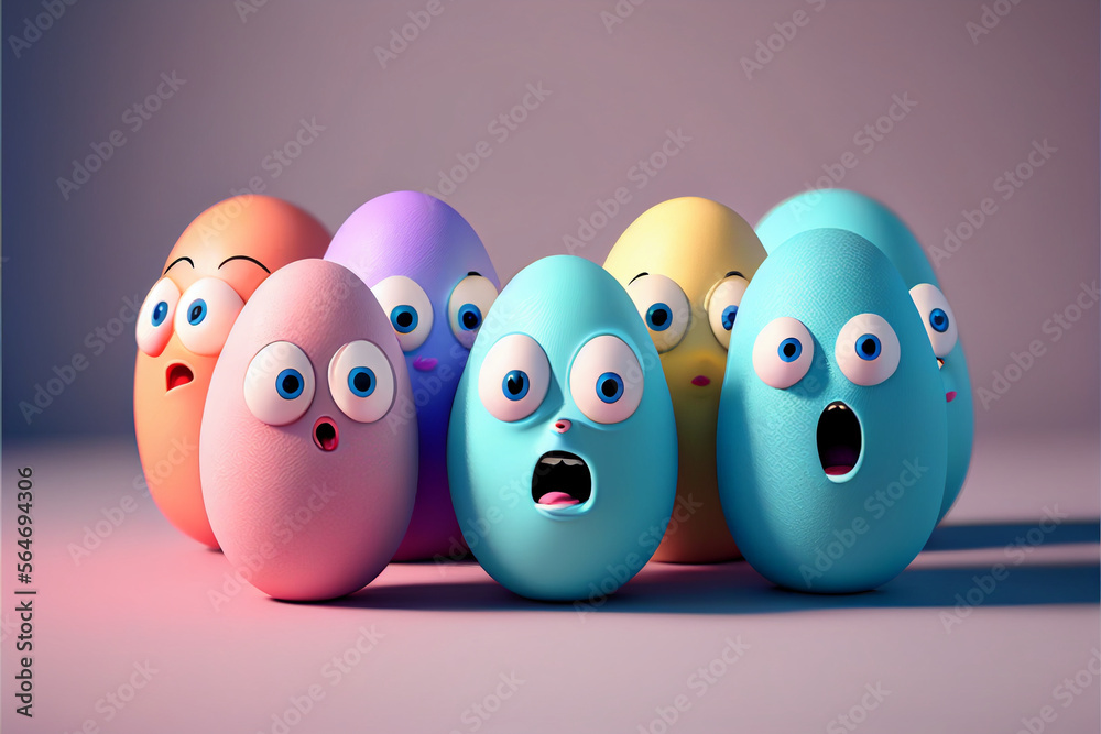 Colorful Easter eggs in a group of characters with faces of surprise and fear in their eyes, a fun concept for the Easter holiday. Generative AI Colorful Easter eggs in a group of characters with faces of surprise and fear in their eyes, a fun concept for the Easter holiday. Generative AI