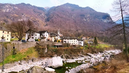 Panorama of River Maggia and Prato Sornico, Val Lavizzara, Switzerland photo