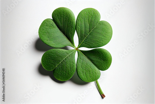 Four-leaf green clover for good luck on St. Patrick's Day, white insulated background, holiday concept of spring, clover plant with four leaves symbol. Generative AI