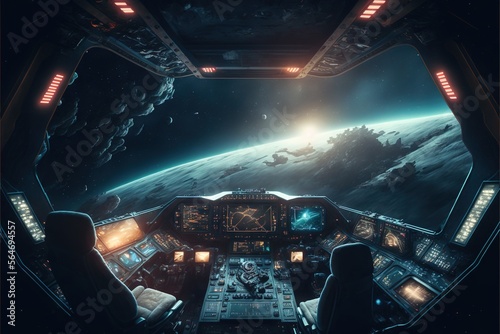 Fotografia, Obraz View from the cockpit of a spaceship, realistic generative ai