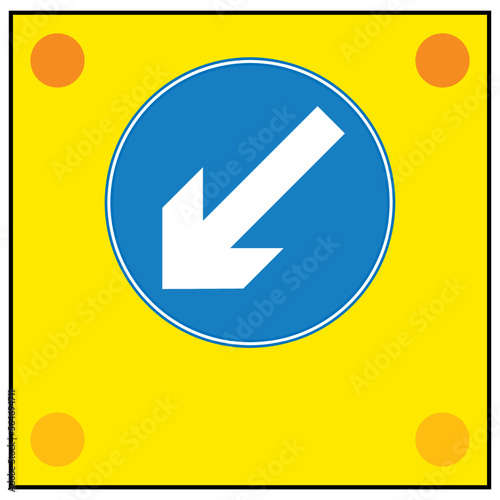 Vector graphic of a rectangular yellow sign warning of Slow-moving or stationary works vehicle blocking a traffic lane. Pass in the direction shown by the arrow.