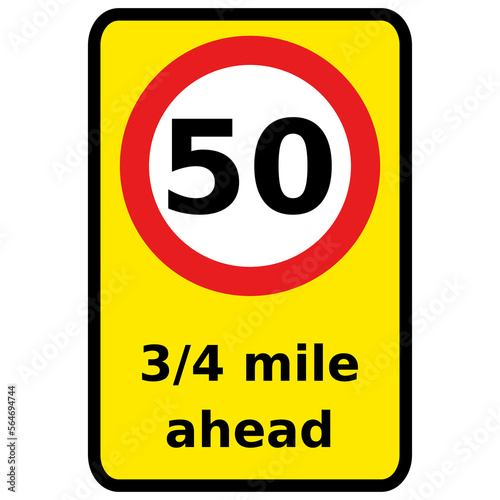 Vector graphic of a rectangular yellow sign warning of mandatory speed limit ahead
