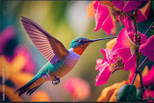 A hummingbird in flight in close-up, against a background of a tropical colorful forest and plants drinking flower nectar. Generative AI