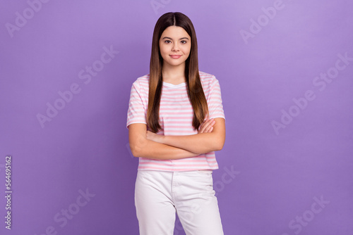 Photo of sweet shiny young lady wear striped pink white t-shirt smiling arms folded isolated violet color background