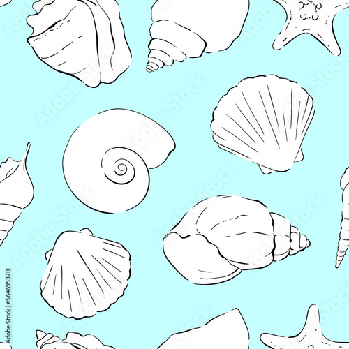 Vector seamless pattern. Sea, shells, summer
