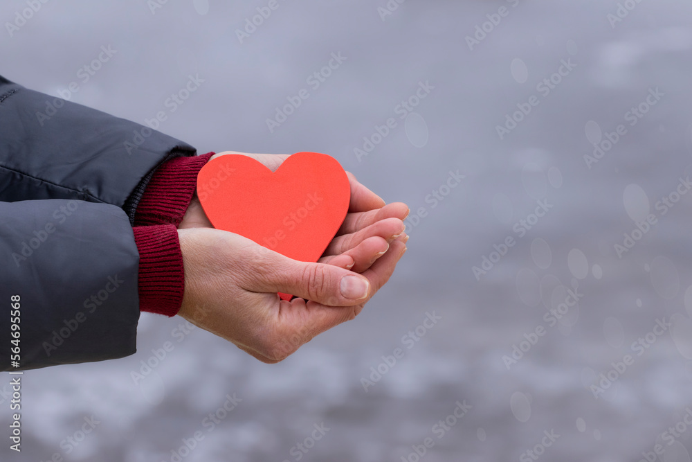 Women's hands hold a red heart on a light background.The concept of Valentine's Day, love. Women's hands hold a red heart on a light background.The concept of Valentine's Day, love.