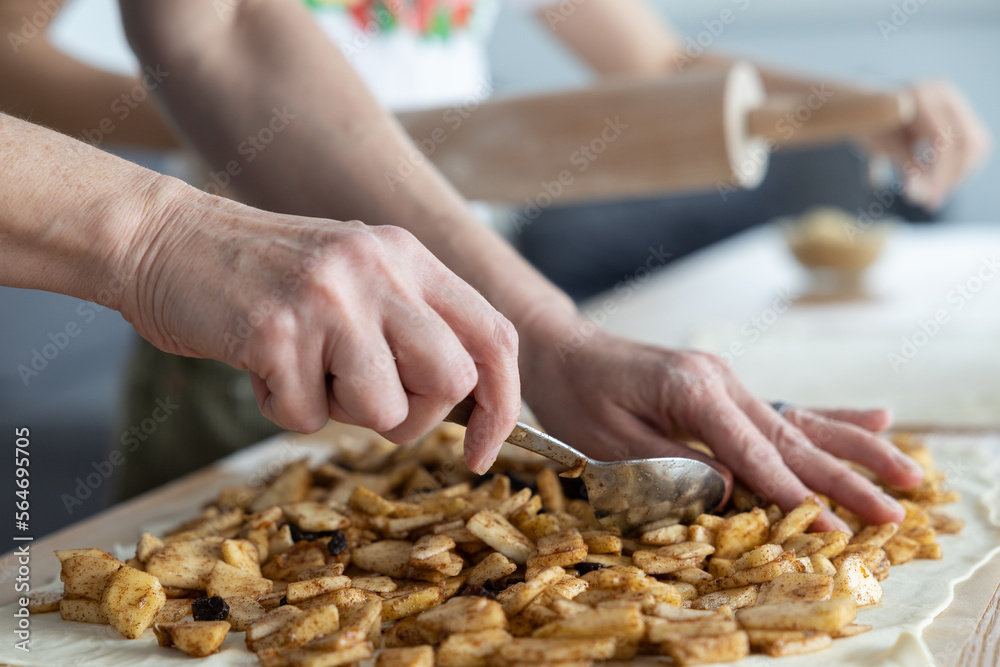 Hands of mother and daughter, preparation of filling for a sweet pie with apples and raisins Hands of mother and daughter, preparation of filling for a sweet pie with apples and raisins