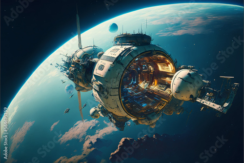 Futuristic high-tech space station illustration made with Generative AI
