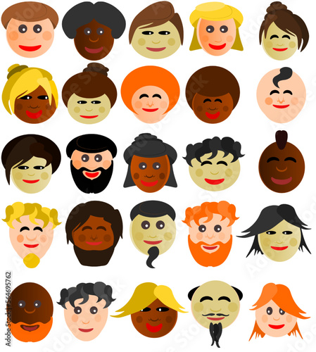 Conjunto de varias caras en estilo dibujo animado y de diferentes etnias © David Andres