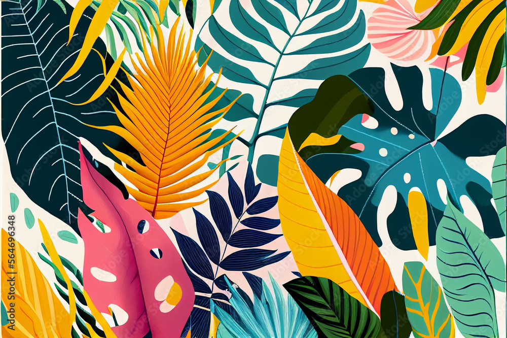 Drawing of palm leaves and flowers in a modern style, tropical print pattern on a white background, cod art botanical design, bright colors. Generative AI