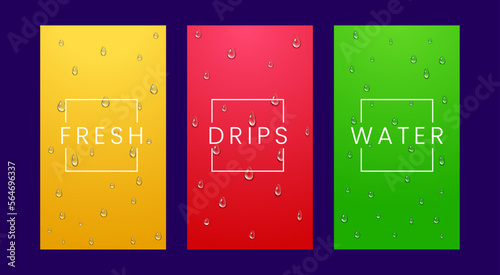 Realistic dripping water on colored background. Water droplet vector illustration
