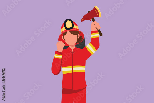 Graphic flat design drawing female firefighter in complete uniform holding glass breaking axe with celebrate gesture prepare to put out fire that burned the building. Cartoon style vector illustration