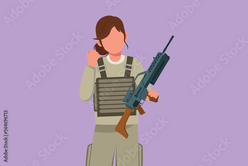 Cartoon flat style drawing female soldier in uniform, holding weapon with celebrate gesture and ready to defend country on battlefield against enemy. Army on duty. Graphic design vector illustration