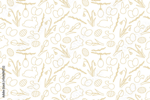 seamless Easter golden pattern with bunnies  tulips  snowdrops  willow catkins branches and eggs - vector illustration