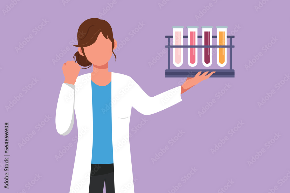 Graphic flat design drawing female scientist holding measuring tube with celebrate gesture and examining chemical solution to make vaccine due to pandemic outbreak. Cartoon style vector illustration Graphic flat design drawing female scientist holding measuring tube with celebrate gesture and examining chemical solution to make vaccine due to pandemic outbreak. Cartoon style vector illustration