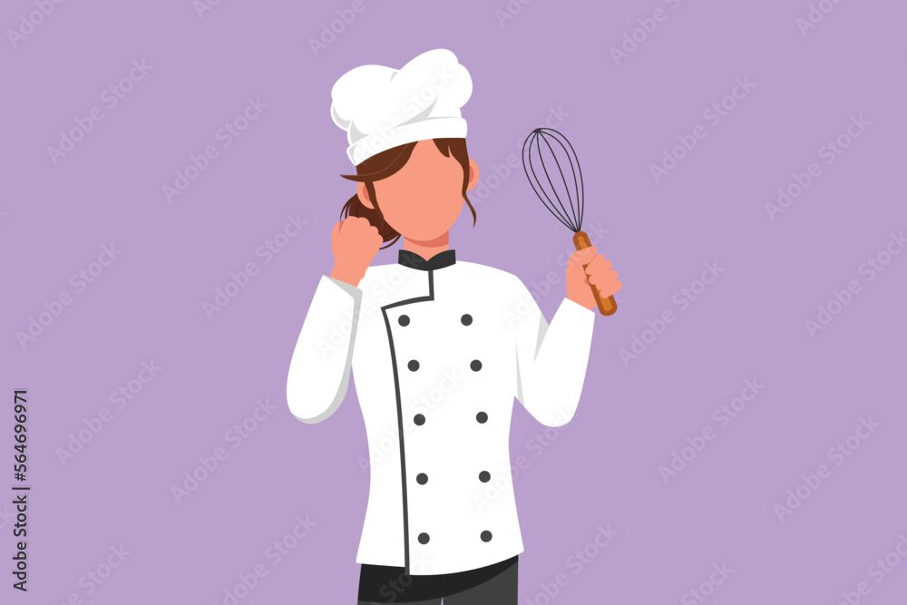Naklejka premium Graphic flat design drawing female chef holding egg beater with celebrate gesture, tasting delicious cake. Wearing uniform ready to cook food for guest in restaurant. Cartoon style vector illustration