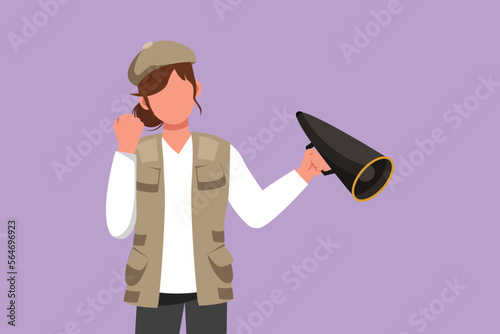 Character flat drawing female film director holding megaphone with celebrate gesture, wearing vest, and cap while set film crew for shooting romance movie in studio. Cartoon design vector illustration
