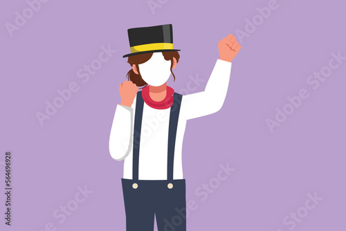 Graphic flat design drawing female mime artist say hi with celebrate gesture, white face make up puts on silent motion comedy show at circus show. Creative industry. Cartoon style vector illustration