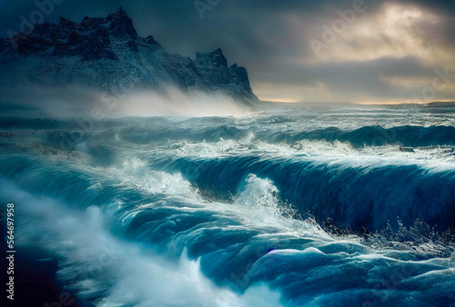 Storm on the ocean. Beautiful landscape of Islandia  Norway  Generative AI