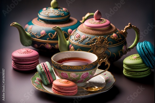 Leckere Dekoration mit bunten Macarons und Tee, ai generativ