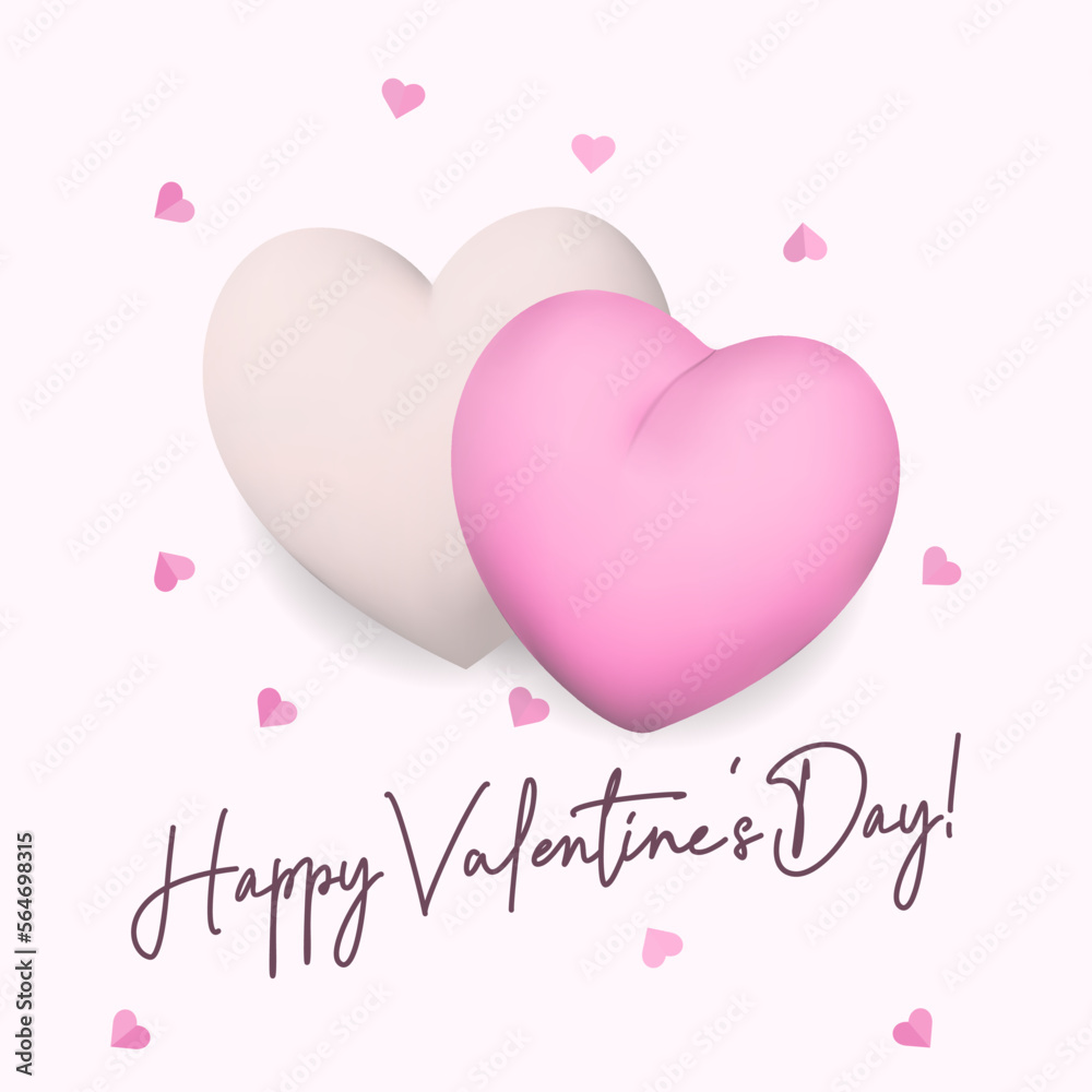 3d vector love illustration with pink and white hearts, lettering Happy Valentine's Day on white backdrop. Festive background is perfect for greeting cards, gift decoration, prints and posters