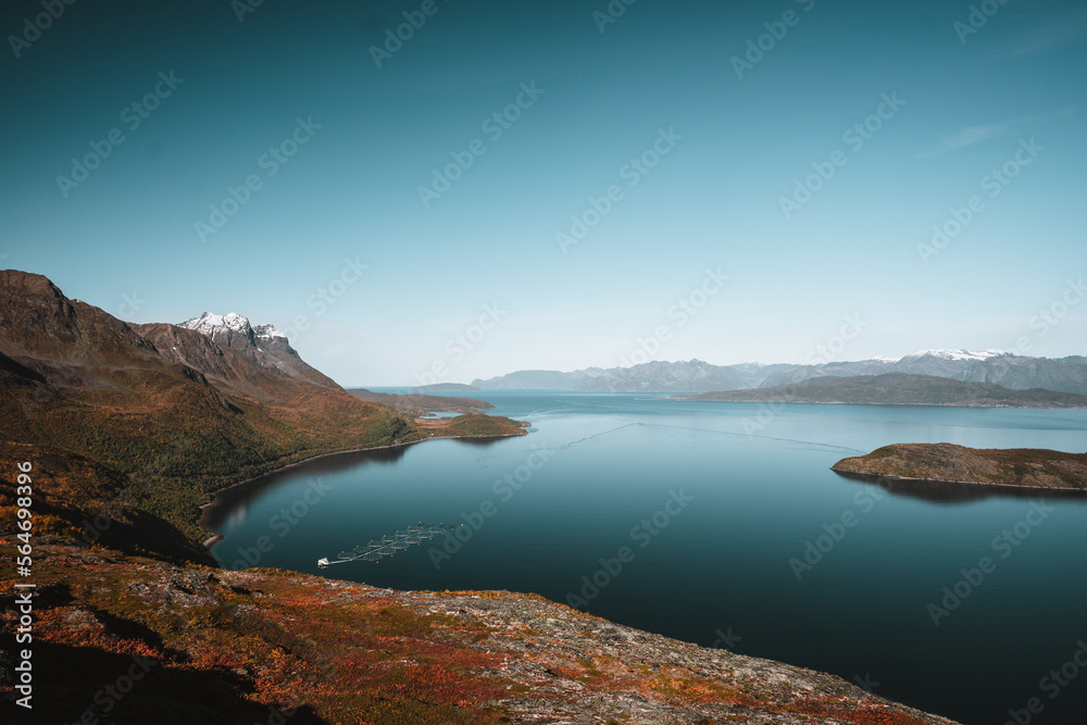 Majestic norwegian landscape with fjords and mountains on a beautiful day