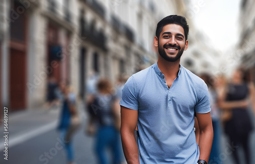 Multiracial young handsome man in blue shirt on blurry background. Generative AI