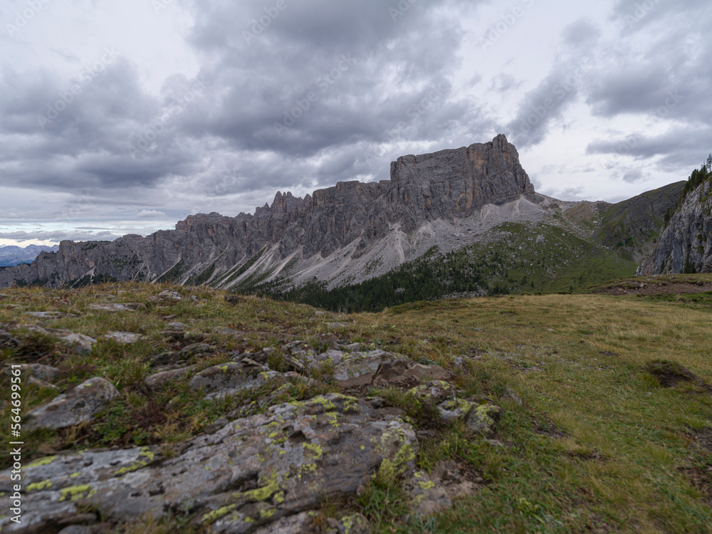 Lastoni di Formin mountain on a cloudy day in the Dolomites