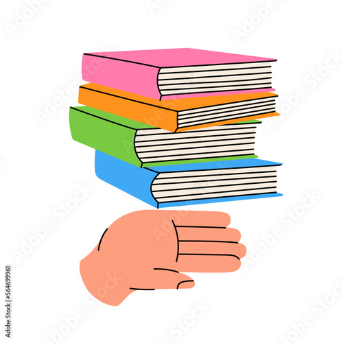 Hand with stack of books. Read more. Bookstore, library, book shop illustration. Literature, dictionaries, encyclopedias, planners.