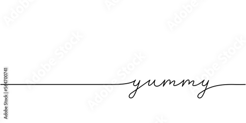 Yummy word - continuous one line with word. Minimalistic drawing of phrase illustration.