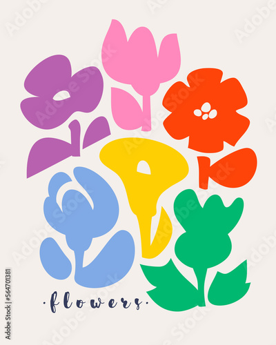 Cute retro flowers. Naive style vector illustration of abstract floral design. Multicolored blossoming plants for minimalists poster or simple greeting card