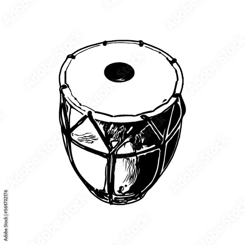 Black and white sketch of a traditional musical instrument with a transparent background