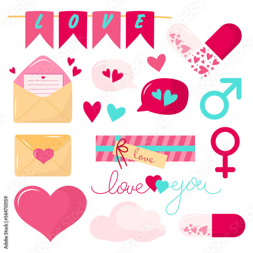 Set of festive elements for Valentine's Day. A large set of thematic icons in a flat style.
