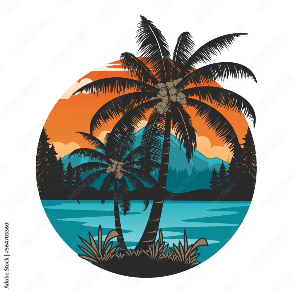 sunset logo inspiration design. beach, palm trees and sunset concept.